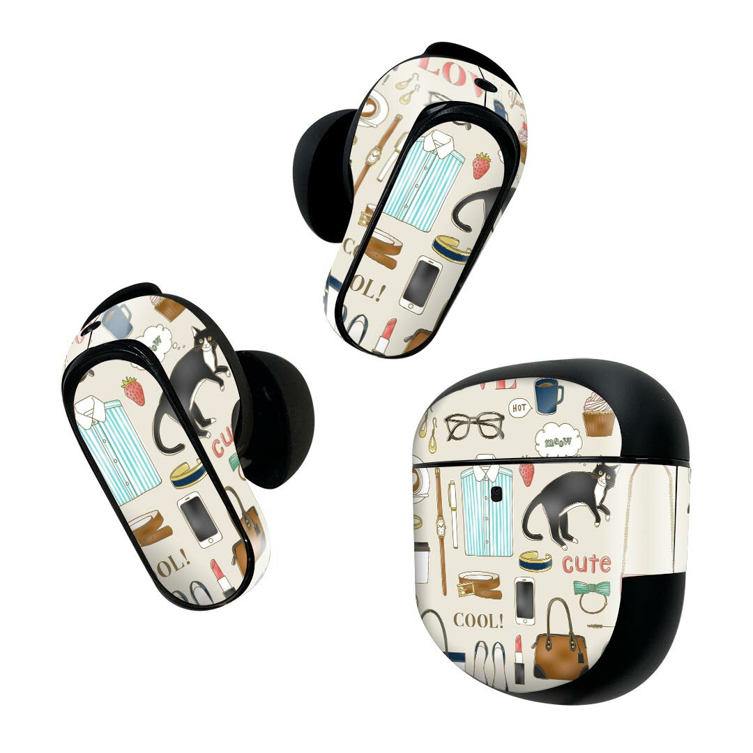 Bose QuietComfort Earbuds II 用 スキンシール ボーズ イヤバッズ2 用　ステッカー　本体3セット ケース1セット 保護 フィルム デコ ファッション　猫　英語 013903