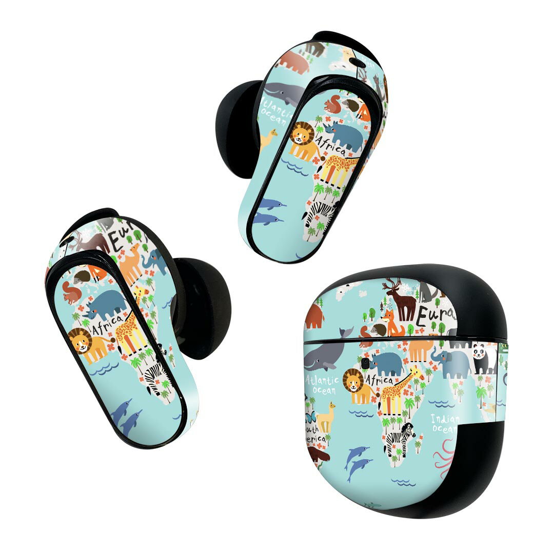 Bose QuietComfort Earbuds II 用 スキンシール ボーズ イヤバッズ2 用　ステッカー　本体3セット ケース1セット 保護 フィルム デコ 世界地図　動物 014139