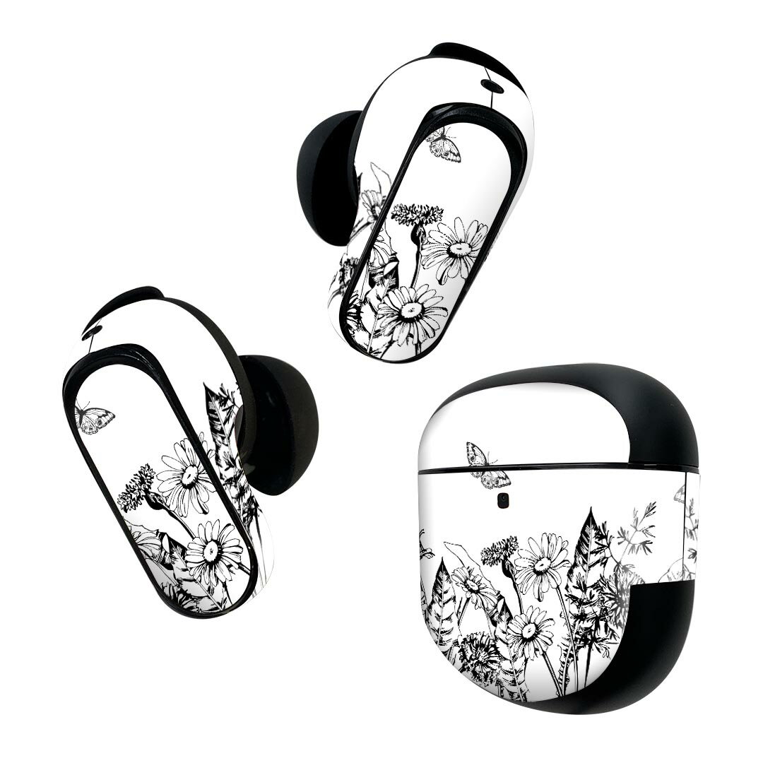 Bose QuietComfort Earbuds II 用 スキンシール ボーズ イヤバッズ2 用　ステッカー　本体3セット ケース1セット 保護 フィルム デコ 花　　蝶 014236