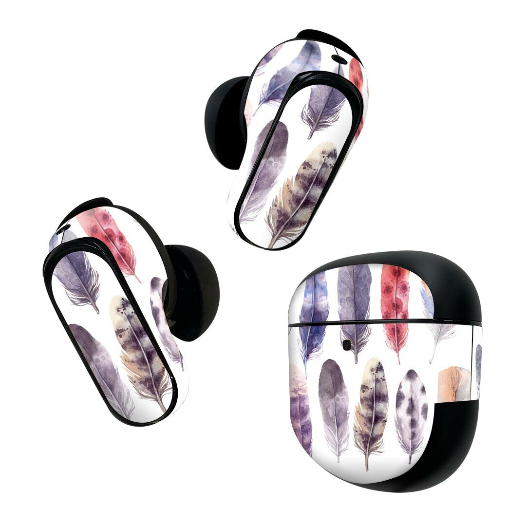 Bose QuietComfort Earbuds II 用 スキンシール ボーズ イヤバッズ2 用 ステッカー 本体3セット ケース1セット 保護 フィルム デコ 羽根 フェザー 014276