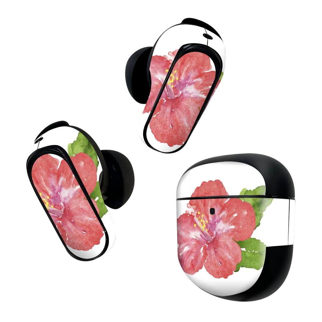 Bose QuietComfort Earbuds II 用 スキンシール ボーズ イヤバッズ2 用　ステッカー　本体3セット ケース1セット 保護 フィルム デコ ハイビスカス　トロピカル 014288