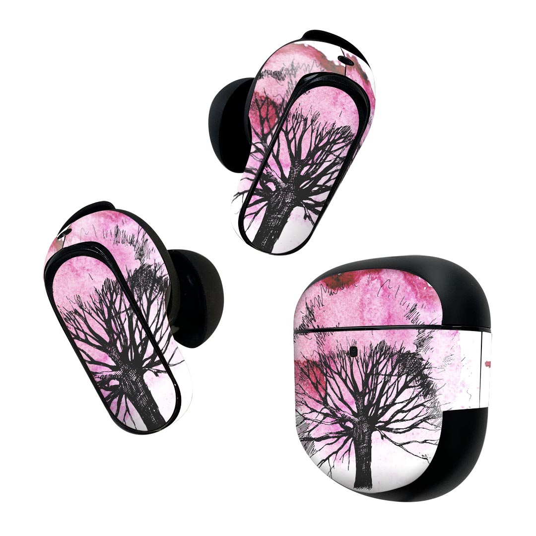 Bose QuietComfort Earbuds II 用 スキンシール ボーズ イヤバッズ2 用 ステッカー 本体3セット ケース1セット 保護 フィルム デコ 桜 木 色彩 014451