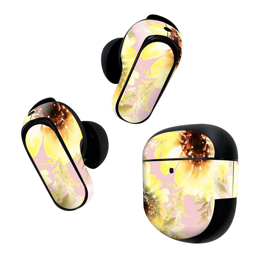 Bose QuietComfort Earbuds II 用 スキンシール ボーズ イヤバッズ2 用　ステッカー　本体3セット ケース1セット 保護 フィルム デコ 花　黄色　 014528