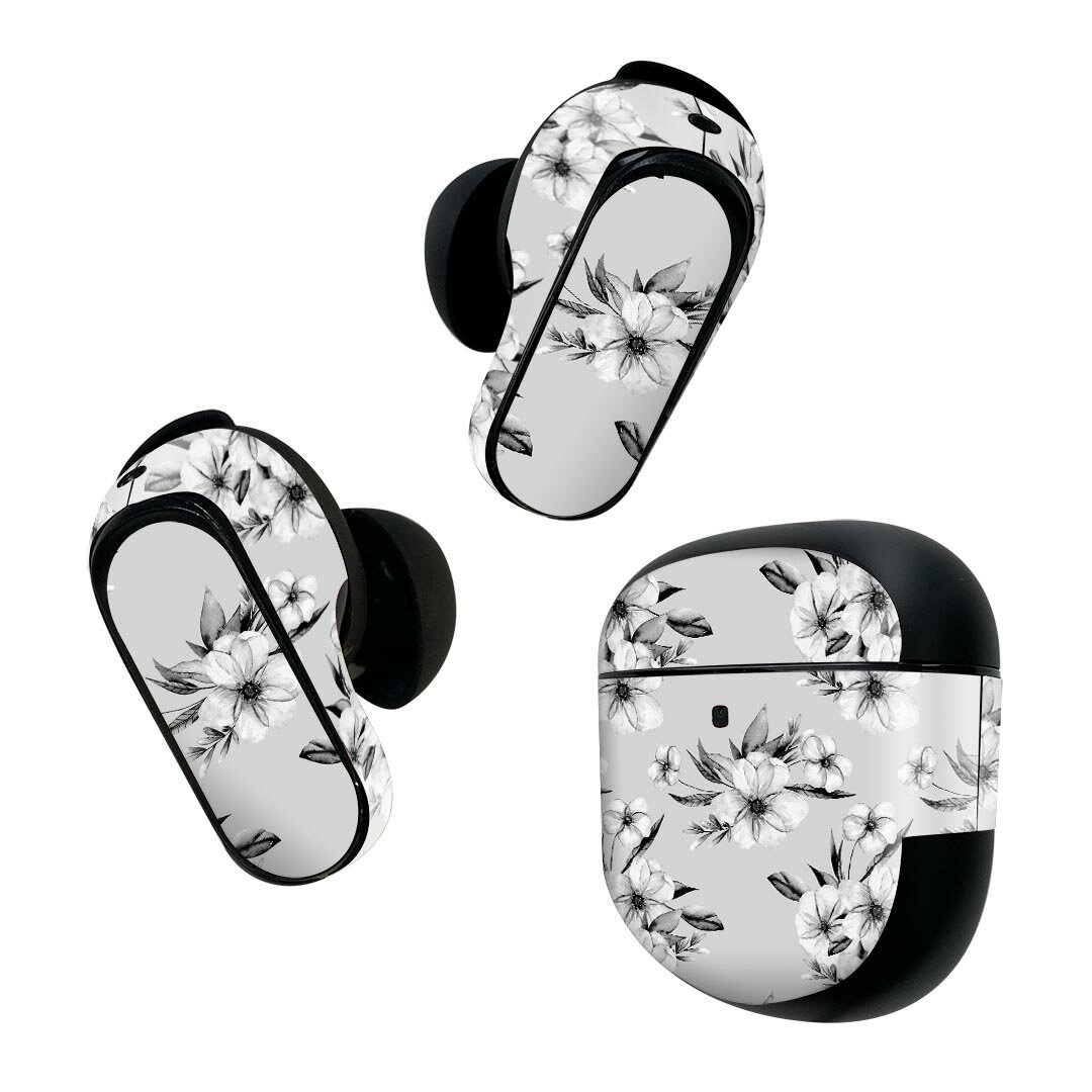 Bose QuietComfort Earbuds II 用 スキンシール ボーズ イヤバッズ2 用 ステッカー 本体3セット ケース1セット 保護 フィルム デコ 花 モノクロ 014544