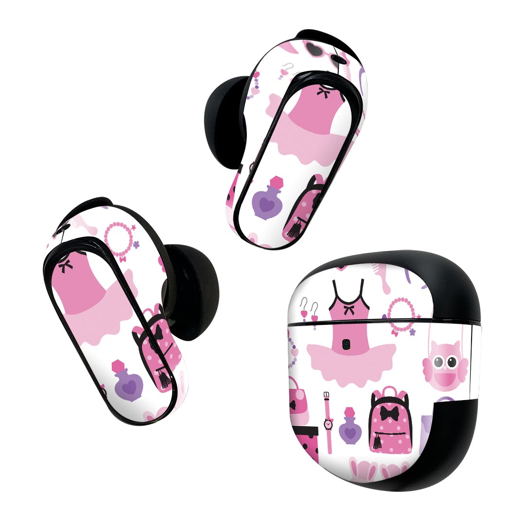 Bose QuietComfort Earbuds II 用 スキンシール ボーズ イヤバッズ2 用　ステッカー　本体3セット ケース1セット 保護 フィルム デコ ガーリー　ピンク　ファッション 014563