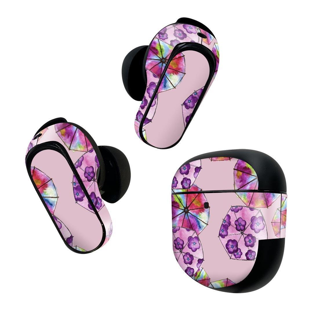 Bose QuietComfort Earbuds II 用 スキンシール ボーズ イヤバッズ2 用　ステッカー　本体3セット ケース1セット 保護 フィルム デコ 花　アジサイ　　ピンク 014751