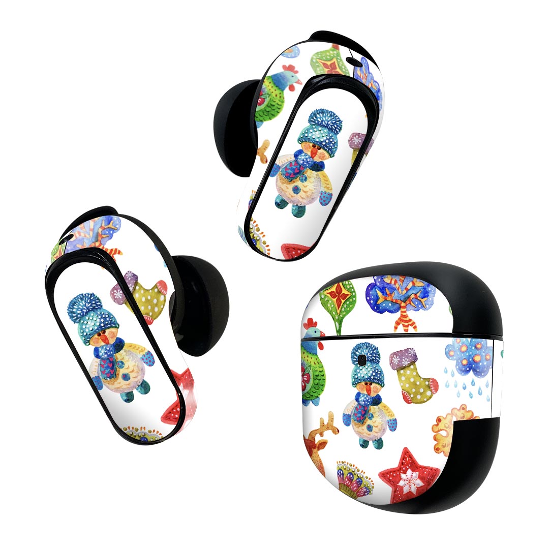 製品名 Bose QuietComfort Earbuds II 専用デザインスキンシール セット内容 Bose QuietComfort Earbuds II 専用シール　イヤホン（左右）3枚、充電ケース用シール 1枚AirPods第3世代専用です。第1?2世代、Proシリーズには対応していません。 商品特徴 再剥離性シートを素材に採用し、細かな位置調整がしやすく貼り直しが容易です。また、エアフリーでもありますので気泡が簡単に逃げるので、キレイに貼ることができます。専用の業務プリンターを使い、商品画像と遜色のない美しい印刷仕上がり。 注意事項 画像はサンプルですので、ご覧の環境によっては多少色味に違いを感じる場合がございます。 イメージと違った、モニターと色味が異なるという理由での交換や返金はご対応出来かねます。スキンシールのみの販売で、機器本体や充電ケース本体は付属しません。シワができた場合、ドライヤーなどで軽く温め、外側に向けてシワを伸ばすように貼ってください。初回貼付時の位置調整や貼り直しは可能ですが、しっかりと押し付けて接着させた後の再剥離、再利用は保証しておりません。また接着部に油分や汚れが付着しますと角の部分は剥がれやすくなりますので、貼付時はあまり触れないようにご注意ください。無地のセミグロスシートにデザインをプリントした商品で、デコなどの加工はございません。 凹凸や光沢があるように見えたり布地や金属を素材にしたように見える商品もありますが、デザインの図版によるものです。印刷時に微妙な画像のズレが生じる場合がございます。ご注文後に1点1点制作する受注生産品の為、不良品以外のご返品や交換は固くお断りします。 商品発送 完全受注生産のハンドメイド商品となりますので、既製品と比べて発送までお時間を頂いています。 基本的に決済確認後2~3営業日、最大で10営業日での発送となります。繁忙期や休業日明けの場合はさらに時間がかかる場合があります。 その際には別途メールにてご連絡致します。メール便の場合、発送日から到着までに2?4日ほどかかる場合が多く、紛失などの保障もご対応できかねます。あらかじめご了承下さい。