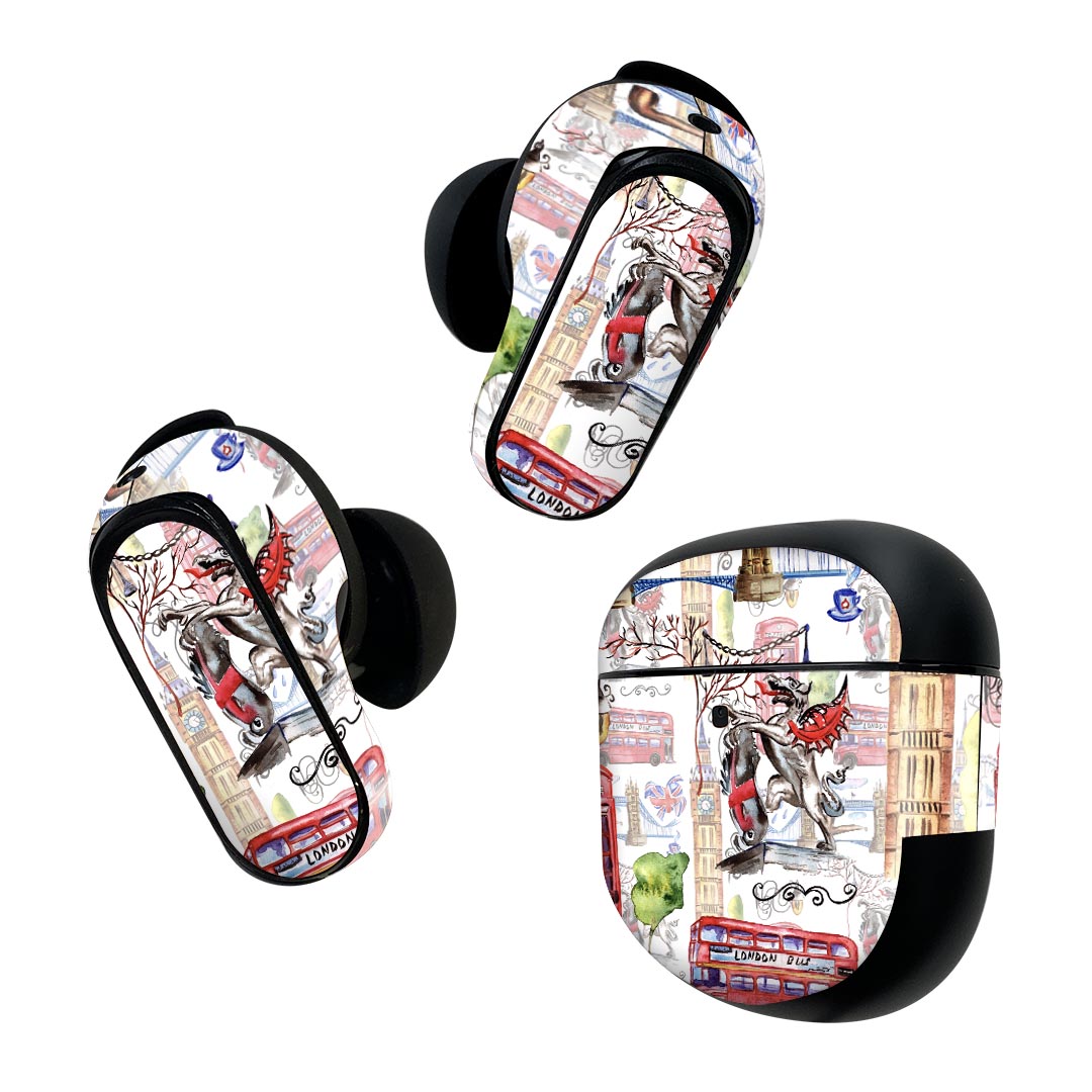 Bose QuietComfort Earbuds II 用 スキンシール ボーズ イヤバッズ2 用　ステッカー　本体3セット ケース1セット 保護 フィルム デコ ロンドン　イギリス　外国　イラスト 014848
