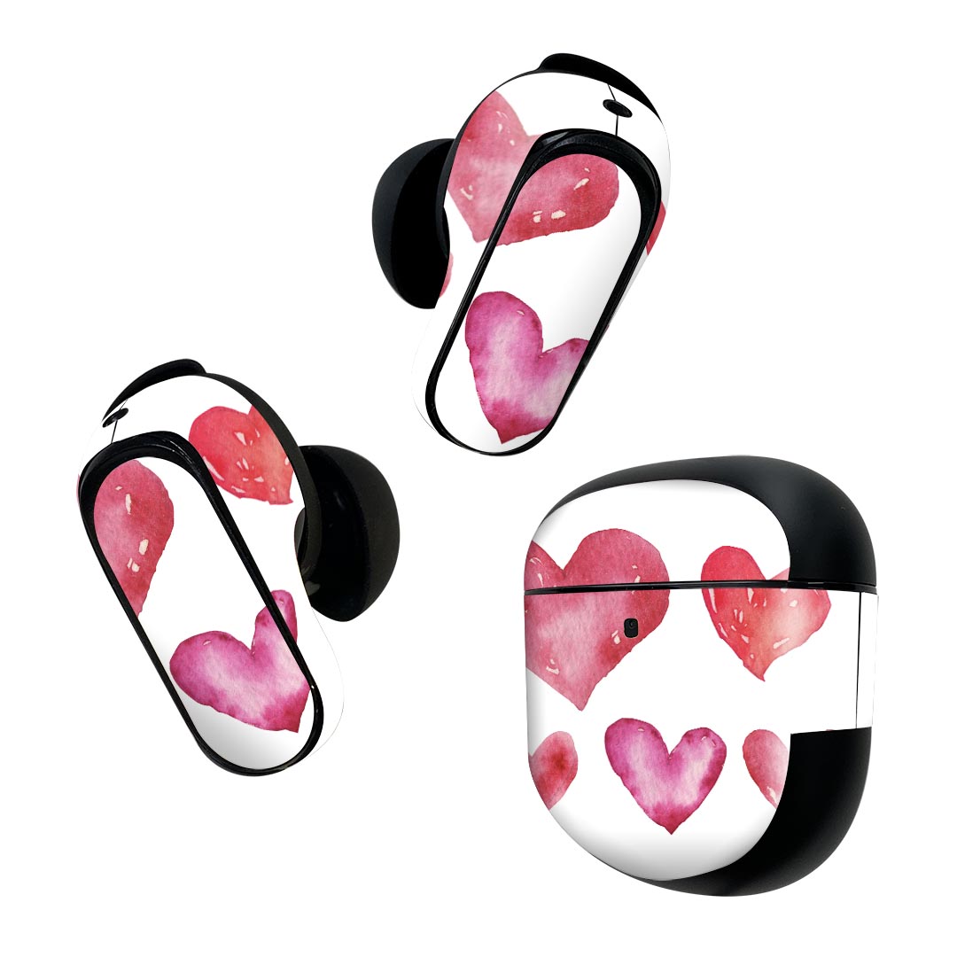 Bose QuietComfort Earbuds II 用 スキンシール ボーズ イヤバッズ2 用　ステッカー　本体3セット ケース1セット 保護 フィルム デコ ハート　ピンク　かわいい 015562