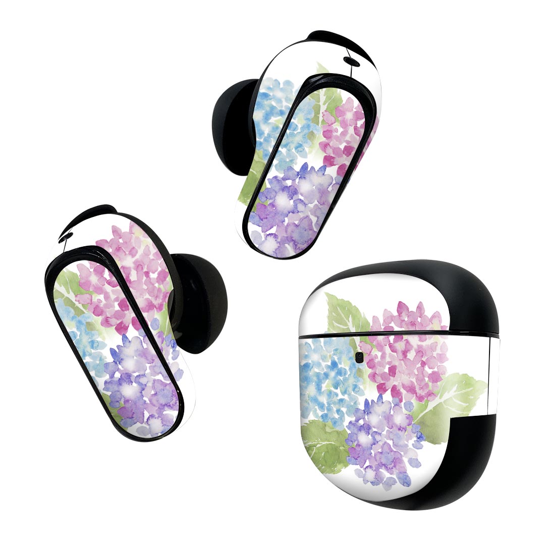 Bose QuietComfort Earbuds II 用 スキンシール ボーズ イヤバッズ2 用　ステッカー　本体3セット ケース1セット 保護 フィルム デコ あじさい　花　植物 015574