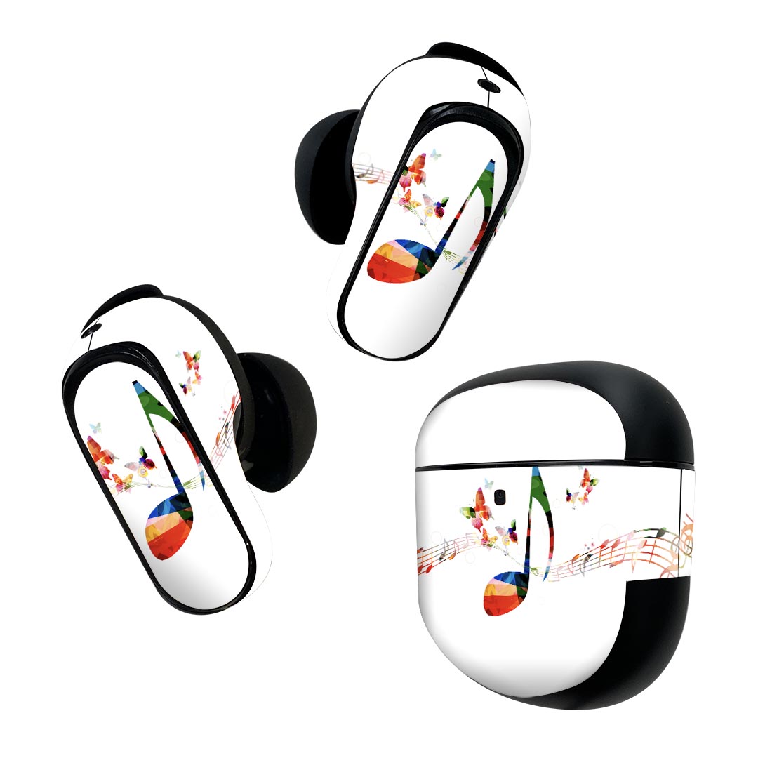 Bose QuietComfort Earbuds II 用 スキンシール ボーズ イヤバッズ2 用　ステッカー　本体3セット ケース1セット 保護 フィルム デコ 音楽　蝶　カラフル 015812