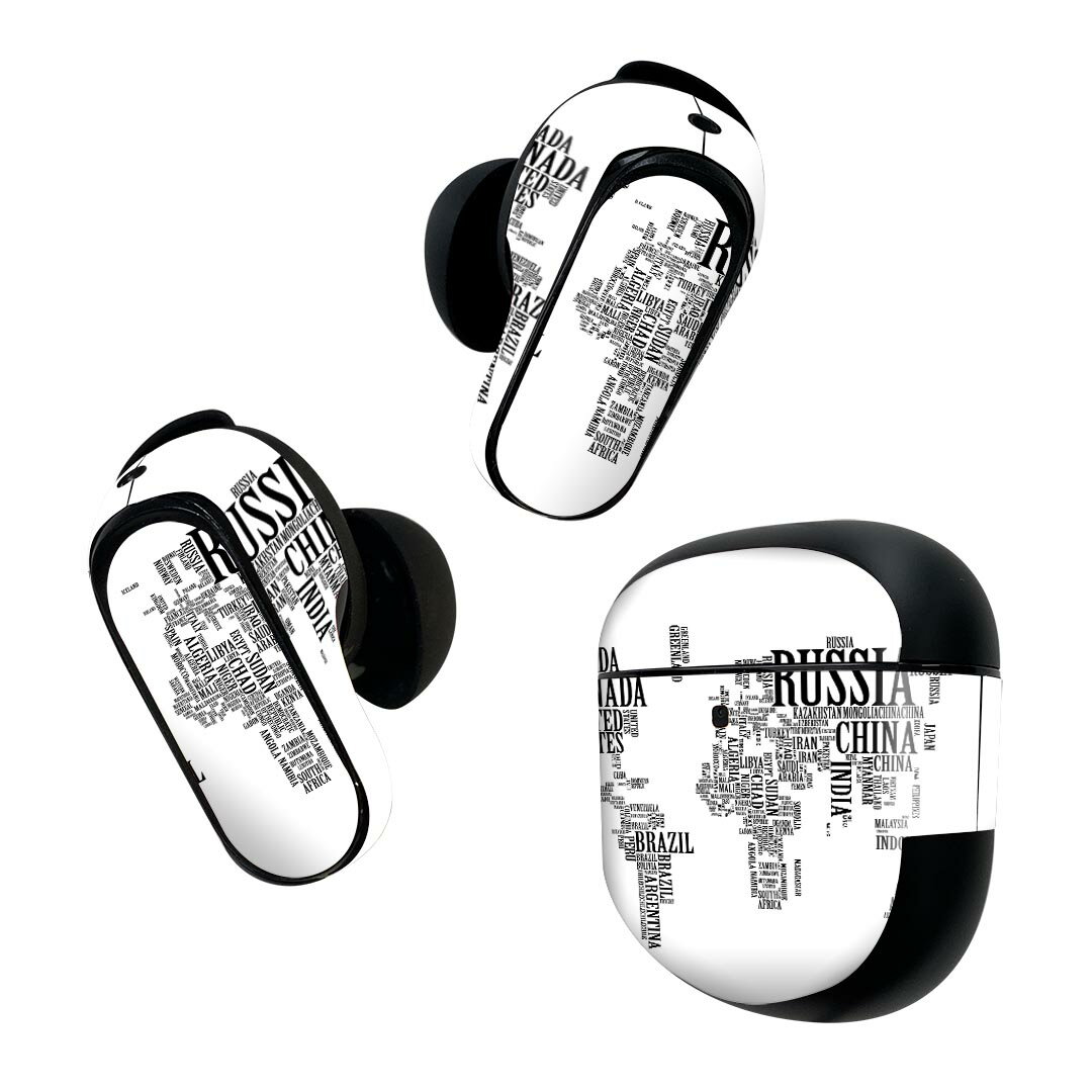 Bose QuietComfort Earbuds II 用 スキンシール ボーズ イヤバッズ2 用　ステッカー　本体3セット ケース1セット 保護 フィルム デコ 世界地図　白黒　英字 016045