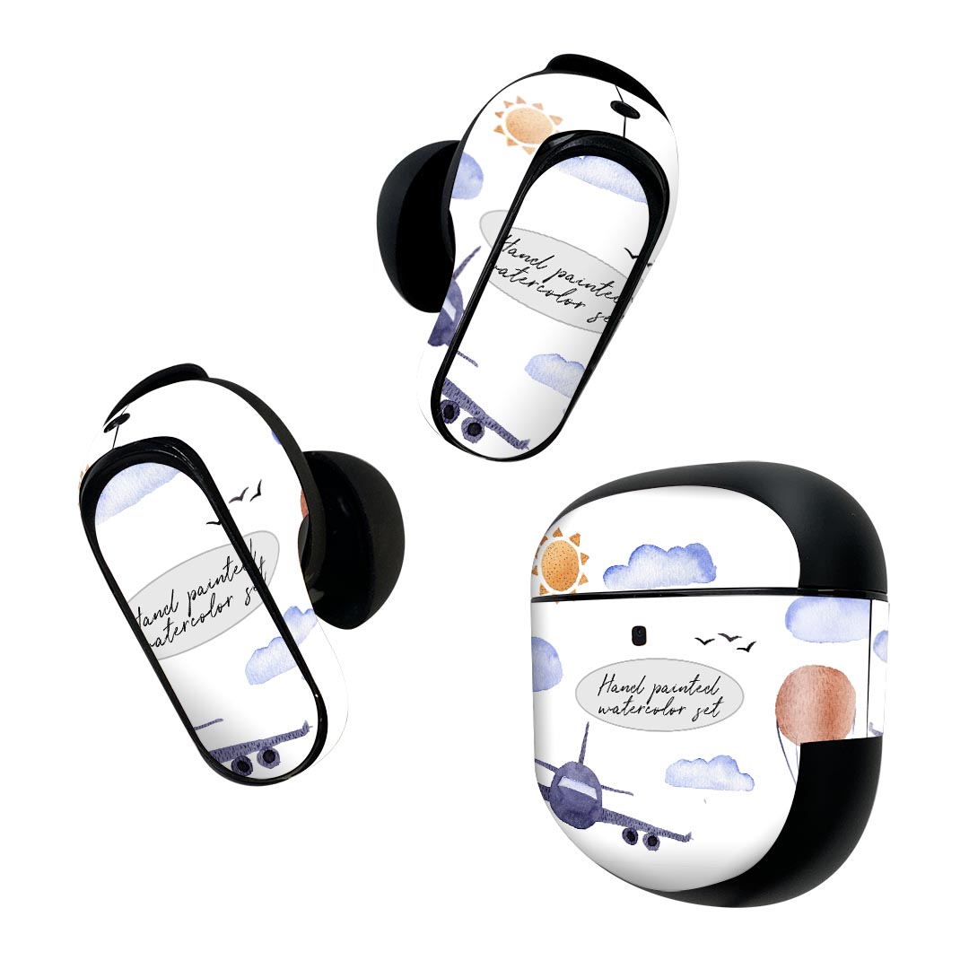 Bose QuietComfort Earbuds II 用 スキンシール ボーズ イヤバッズ2 用　ステッカー　本体3セット ケース1セット 保護 フィルム デコ 飛行機　空　風景 016078