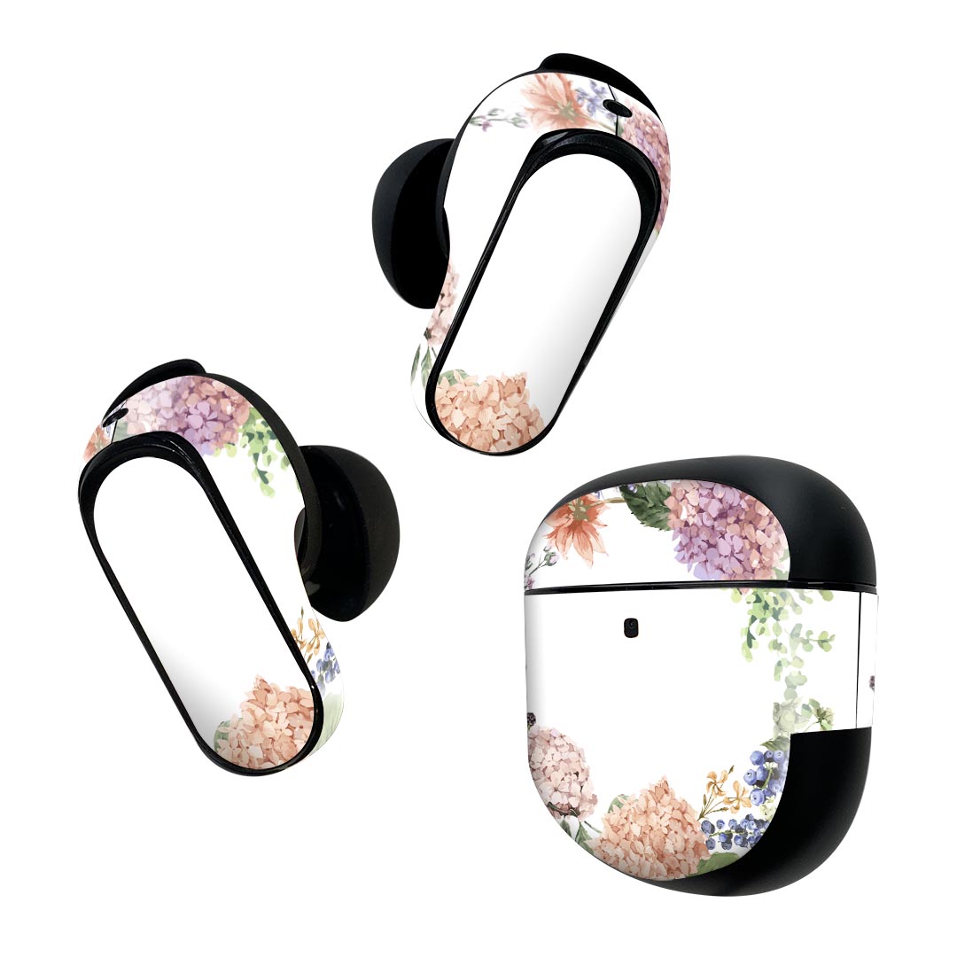 Bose QuietComfort Earbuds II 用 スキンシール ボーズ イヤバッズ2 用　ステッカー　本体3セット ケース1セット 保護 フィルム デコ あじさい　梅雨　花 016329