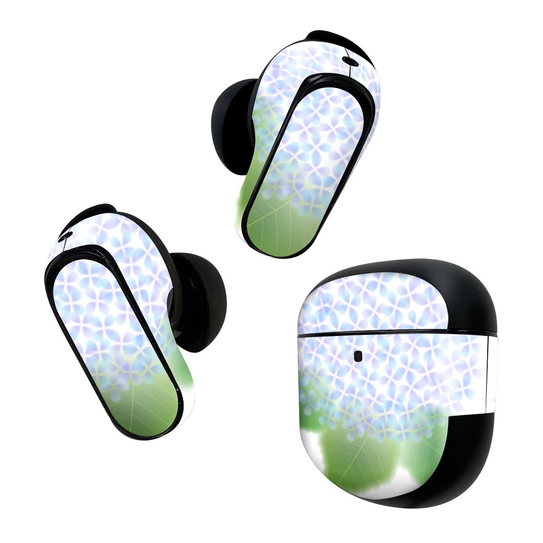 Bose QuietComfort Earbuds II 用 スキンシール ボーズ イヤバッズ2 用　ステッカー　本体3セット ケース1セット 保護 フィルム デコ あじさい　梅雨　花 016334