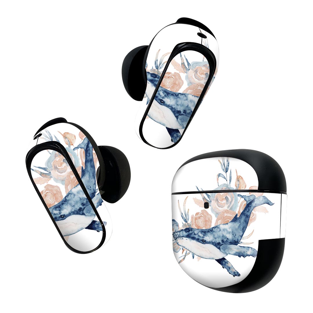 Bose QuietComfort Earbuds II 用 スキンシール ボーズ イヤバッズ2 用　ステッカー　本体3セット ケース1セット 保護 フィルム デコ 海の生物 海　sea　くじら 017660