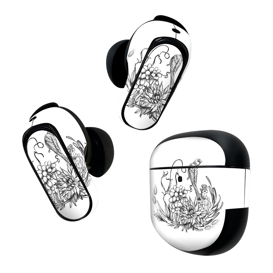 製品名 Bose QuietComfort Earbuds II 専用デザインスキンシール セット内容 Bose QuietComfort Earbuds II 専用シール　イヤホン（左右）3枚、充電ケース用シール 1枚AirPods第3世代専用です。第1?2世代、Proシリーズには対応していません。 商品特徴 再剥離性シートを素材に採用し、細かな位置調整がしやすく貼り直しが容易です。また、エアフリーでもありますので気泡が簡単に逃げるので、キレイに貼ることができます。専用の業務プリンターを使い、商品画像と遜色のない美しい印刷仕上がり。 注意事項 画像はサンプルですので、ご覧の環境によっては多少色味に違いを感じる場合がございます。 イメージと違った、モニターと色味が異なるという理由での交換や返金はご対応出来かねます。スキンシールのみの販売で、機器本体や充電ケース本体は付属しません。シワができた場合、ドライヤーなどで軽く温め、外側に向けてシワを伸ばすように貼ってください。初回貼付時の位置調整や貼り直しは可能ですが、しっかりと押し付けて接着させた後の再剥離、再利用は保証しておりません。また接着部に油分や汚れが付着しますと角の部分は剥がれやすくなりますので、貼付時はあまり触れないようにご注意ください。無地のセミグロスシートにデザインをプリントした商品で、デコなどの加工はございません。 凹凸や光沢があるように見えたり布地や金属を素材にしたように見える商品もありますが、デザインの図版によるものです。印刷時に微妙な画像のズレが生じる場合がございます。ご注文後に1点1点制作する受注生産品の為、不良品以外のご返品や交換は固くお断りします。 商品発送 完全受注生産のハンドメイド商品となりますので、既製品と比べて発送までお時間を頂いています。 基本的に決済確認後2~3営業日、最大で10営業日での発送となります。繁忙期や休業日明けの場合はさらに時間がかかる場合があります。 その際には別途メールにてご連絡致します。メール便の場合、発送日から到着までに2?4日ほどかかる場合が多く、紛失などの保障もご対応できかねます。あらかじめご了承下さい。