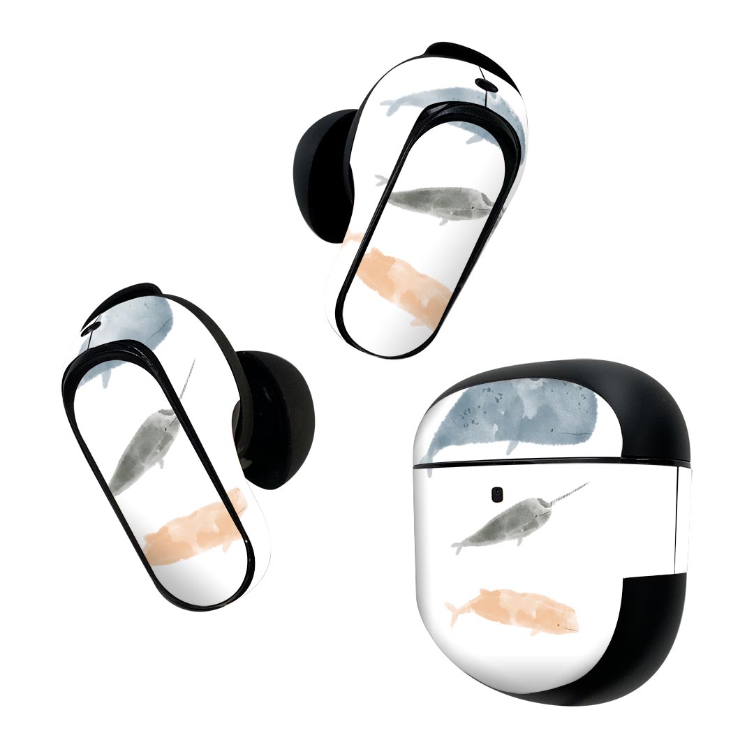 Bose QuietComfort Earbuds II 用 スキンシール ボーズ イヤバッズ2 用　ステッカー　本体3セット ケース1セット 保護 フィルム デコ 海の生物 くじら イッカク いるか 019914