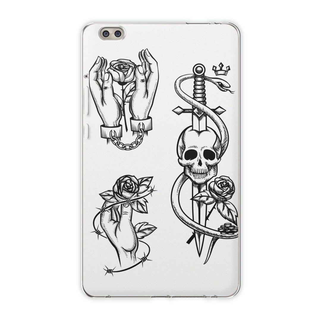 dtab compact d-02k docomo dタブ 用 タブレット ケース タブレット カバー TPU ソフトケース 009668 バラ ドクロ アンティーク