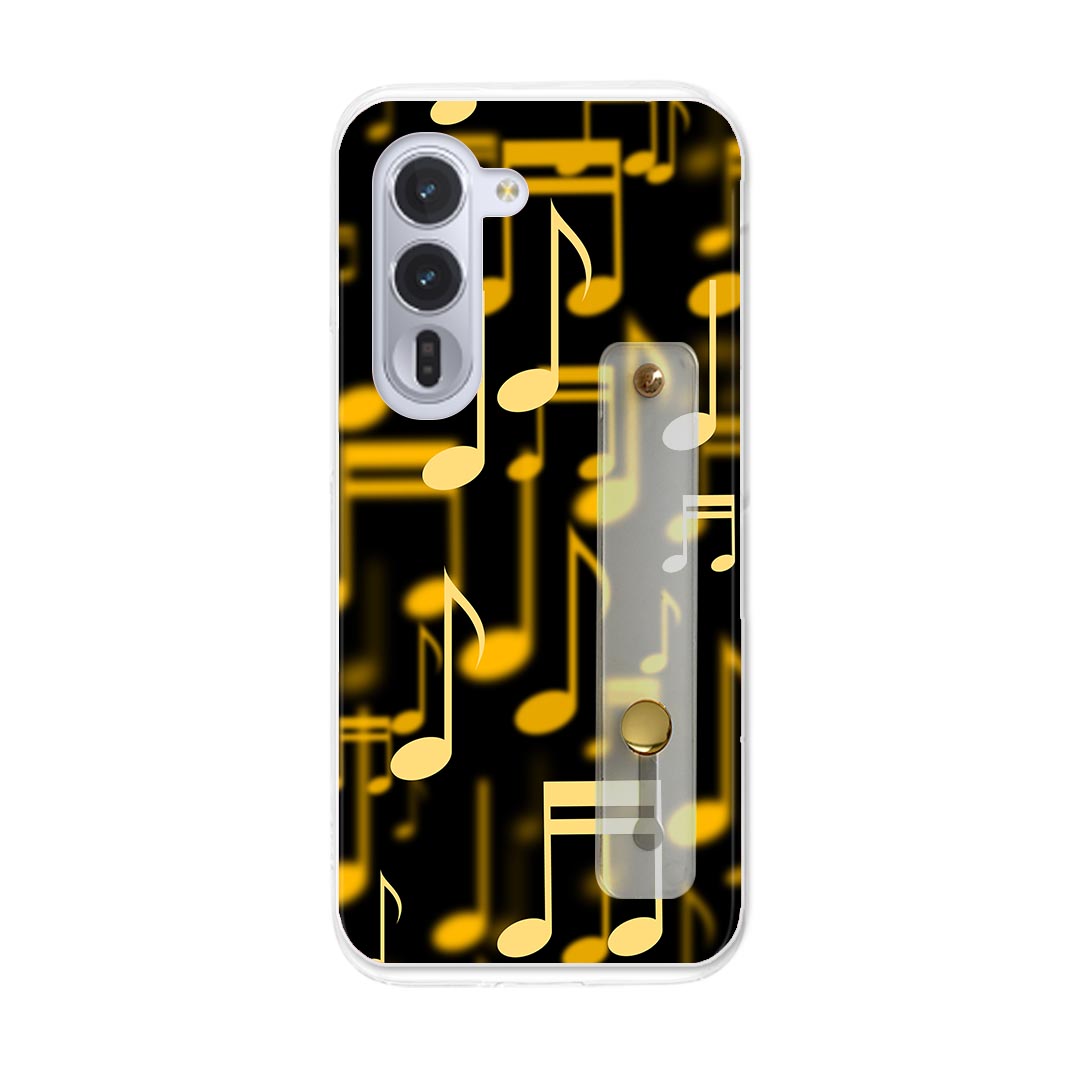 Mobile Phone - 【送料無料】arrows Alpha F-51F用 ハードケース スマホ ベルト付 スマホバンド 落下防止 シリコン スタンド機能付 スリム 背面 片手持ち カバー 携帯リング フィンガーリング 角度調整 004652 音符　音楽　黒