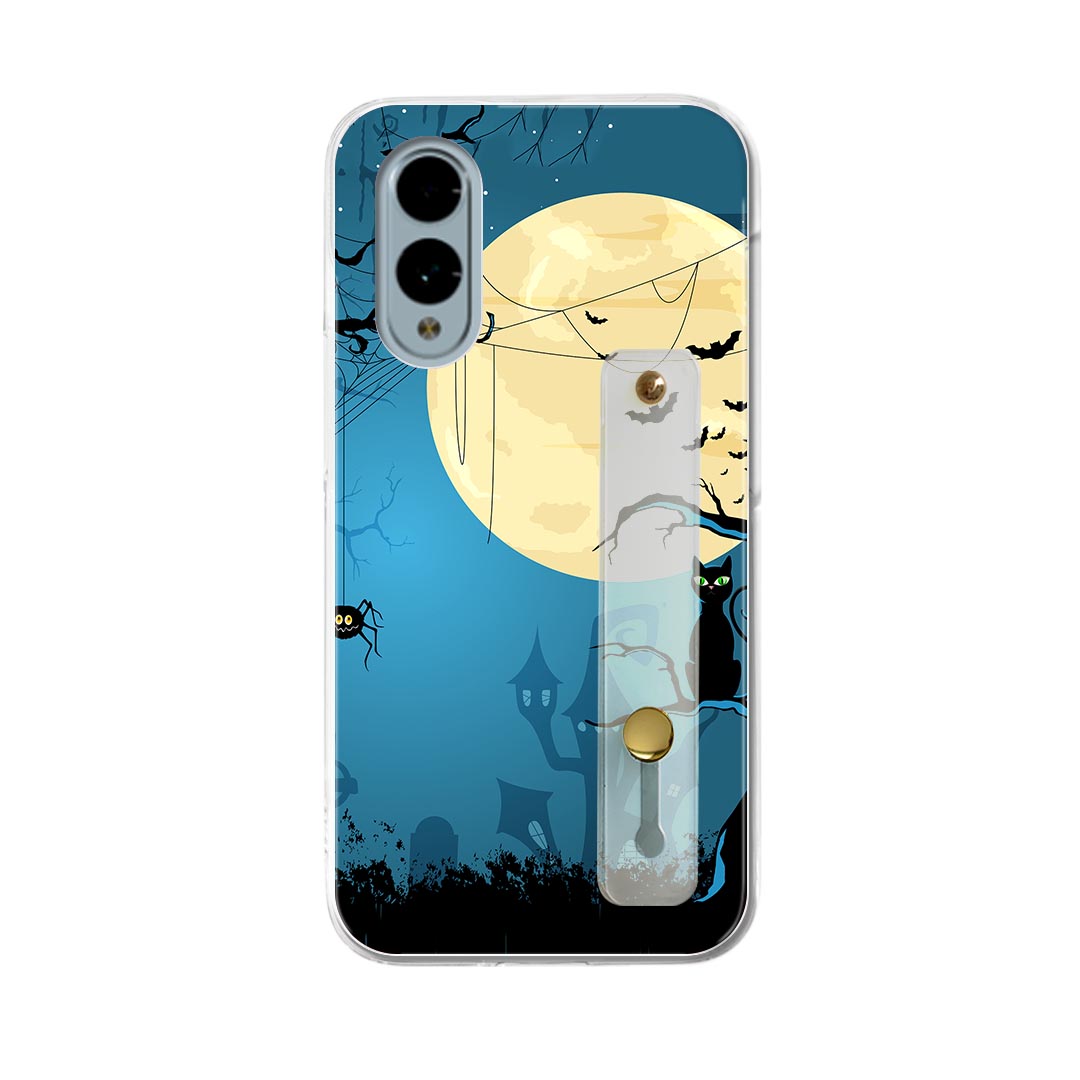 【送料無料】arrows We2 F-52E 用 ハードケース スマホ ベルト付 スマホバンド 落下防止 シリコン スタンド機能付 スリム 背面 片手持ち カバー 携帯リング フィンガーリング 角度調整 000061 ハロウィン 夜 猫 クモ