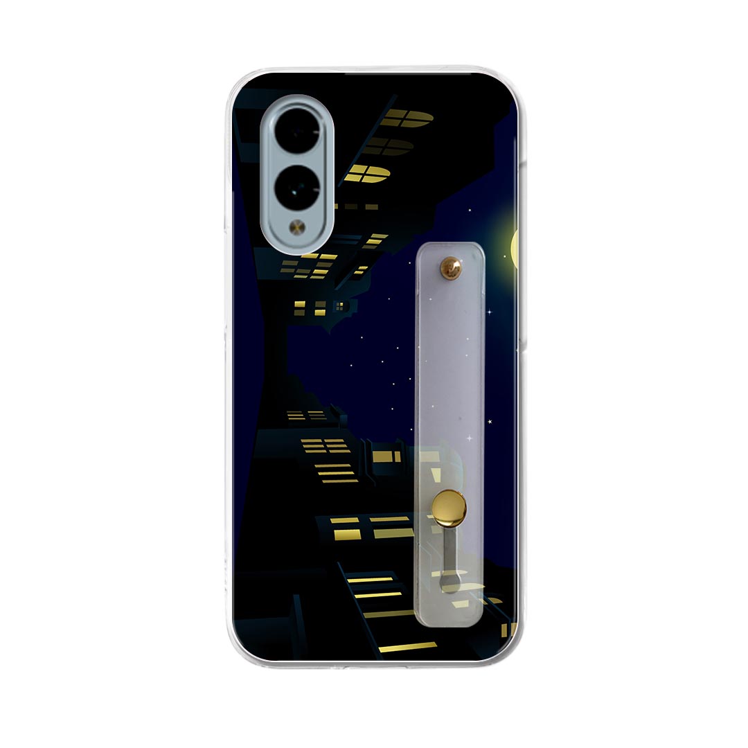【送料無料】arrows We2 F-52E 用 ハードケース スマホ ベルト付 スマホバンド 落下防止 シリコン スタンド機能付 スリム 背面 片手持ち カバー 携帯リング フィンガーリング 角度調整 001274 月 夜 街