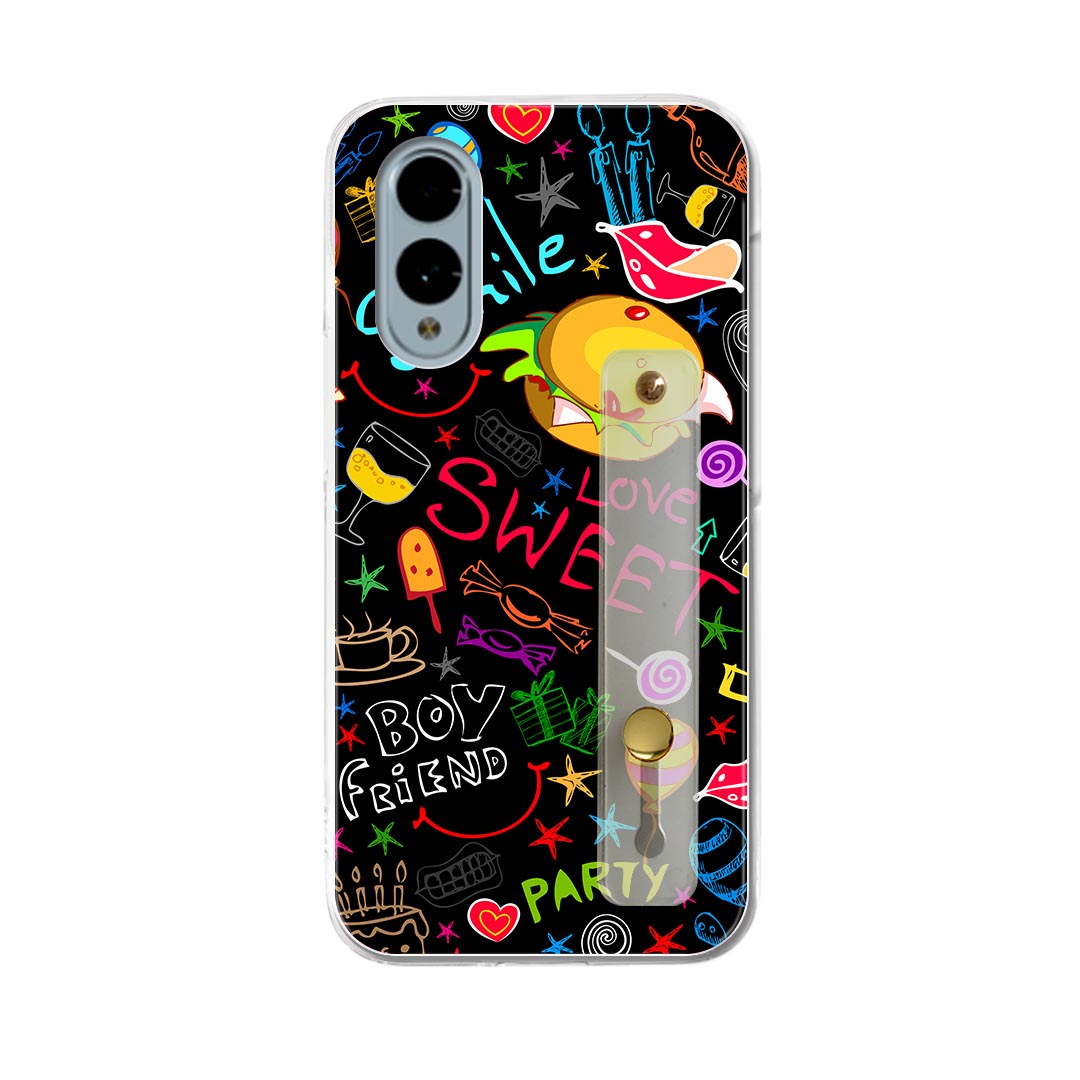 【送料無料】arrows We2 F-52E 用 ハードケース スマホ ベルト付 スマホバンド 落下防止 シリコン スタンド機能付 スリム 背面 片手持ち カバー 携帯リング フィンガーリング 角度調整 007287 イラスト　ケーキ　パーティ　カラフル