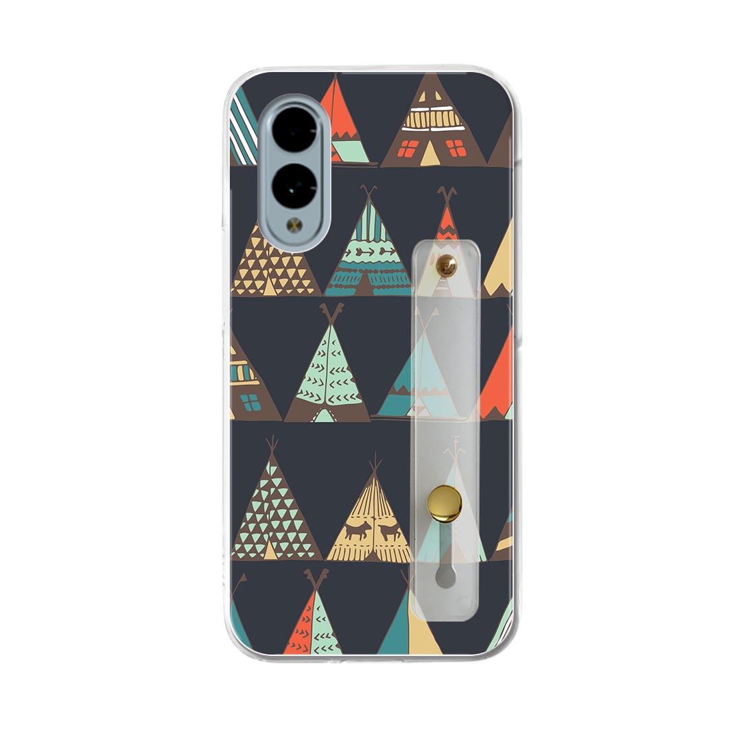 【送料無料】arrows We2 F-52E 用 ハードケース スマホ ベルト付 スマホバンド 落下防止 シリコン スタンド機能付 スリム 背面 片手持ち カバー 携帯リング フィンガーリング 角度調整 010587 模様　テント　ネイビー