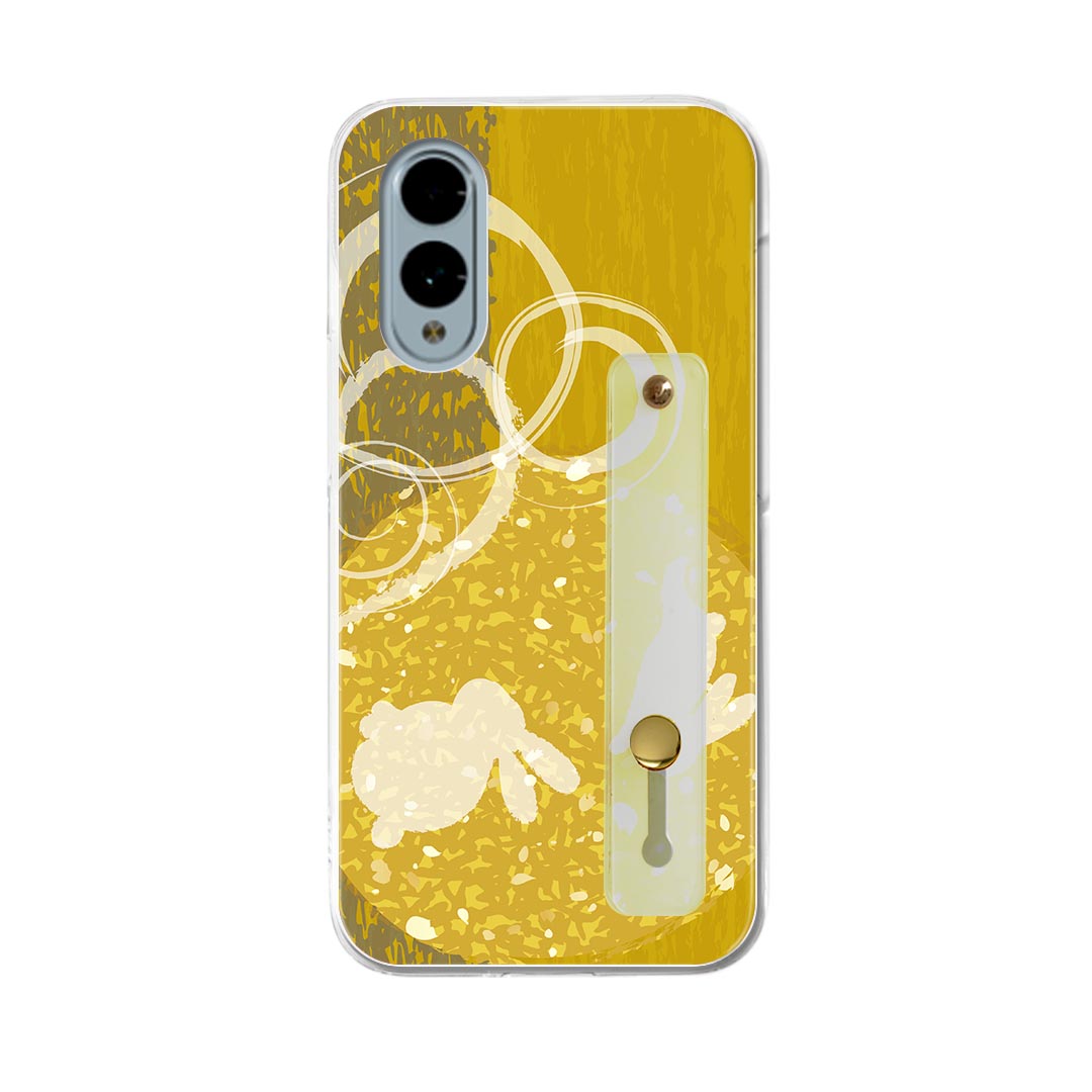 【送料無料】arrows We2 F-52E 用 ハードケース スマホ ベルト付 スマホバンド 落下防止 シリコン スタンド機能付 スリム 背面 片手持ち カバー 携帯リング フィンガーリング 角度調整 014866 うさぎ　月　お月見　黄色