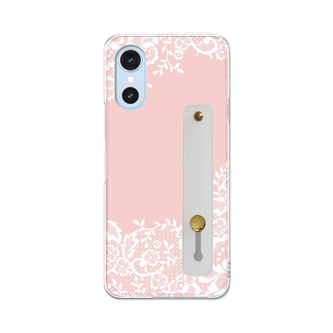 【送料無料】arrows We3 用 スマホカバー F-52G 対応 ハードケース スマホ f52g ベルト付 スマホバンド 落下防止 シリコン スタンド機能付 スリム 背面 片手持ち カバー 携帯リング フィンガーリング 角度調整 004577 花　ガーリー　ピンク