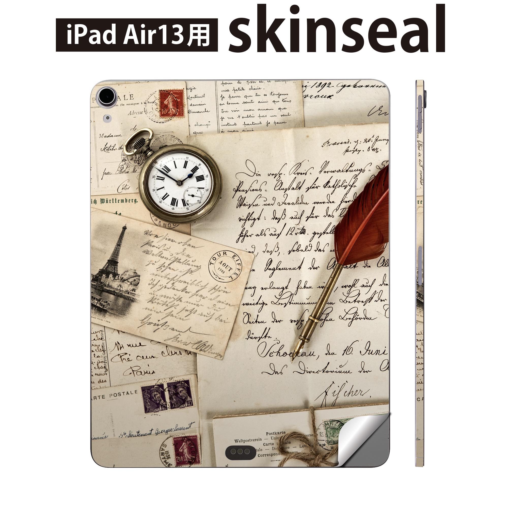 iPad Air13 用 スキンシール アイパッド エア 13インチ 対応 全面スキンシール フル 背面 側面 保護シール 人気 外国 手紙 時計 002662