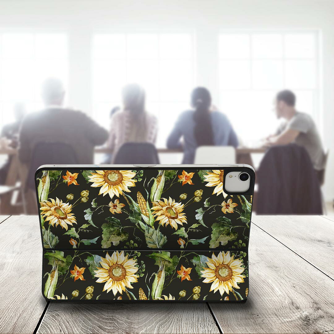 スマコレのSmart Keyboard Folio 用 スキンシール 11インチ iPad Pro用 第1-4世代 iPad Air 第4-5世代 対応 全面スキンシール フル 前面 背面 保護シール 人気 012092 ひまわり　花　黒｜アングル3