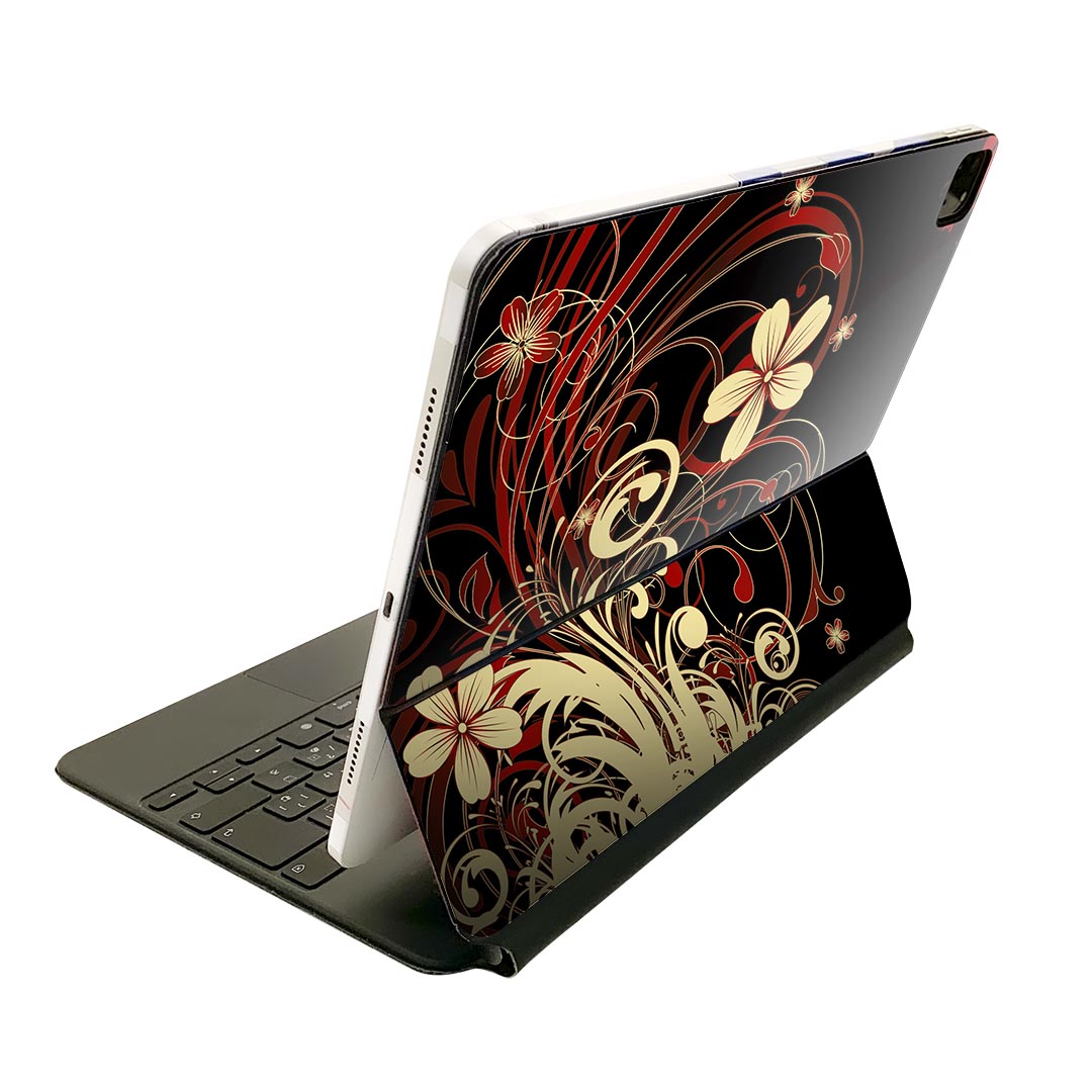 Magic Keyboard 用 スキンシール 11インチ iPad Pro用 第1-4世代 iPad Air 第4-5世代 対応 全面スキンシール フル 前面 背面 保護シール 人気 007605 花　　黒　ブラック