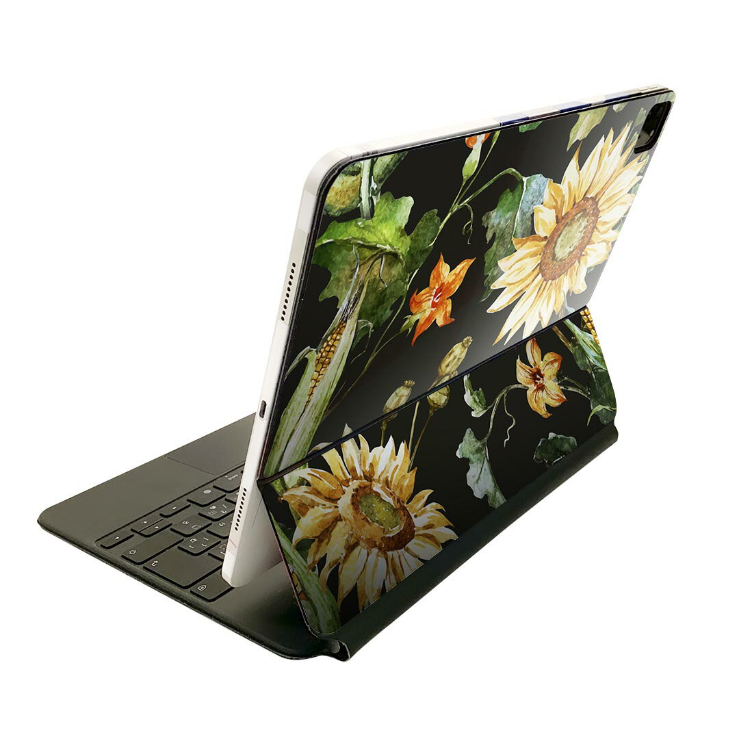 Magic Keyboard 12.9インチ iPad Pro（第4世代、第5世代、第6世代）対応 apple アップル アイパッド 全面スキンシール フル 前面 背面 保護シール 人気 012091 ひまわり 花 黒