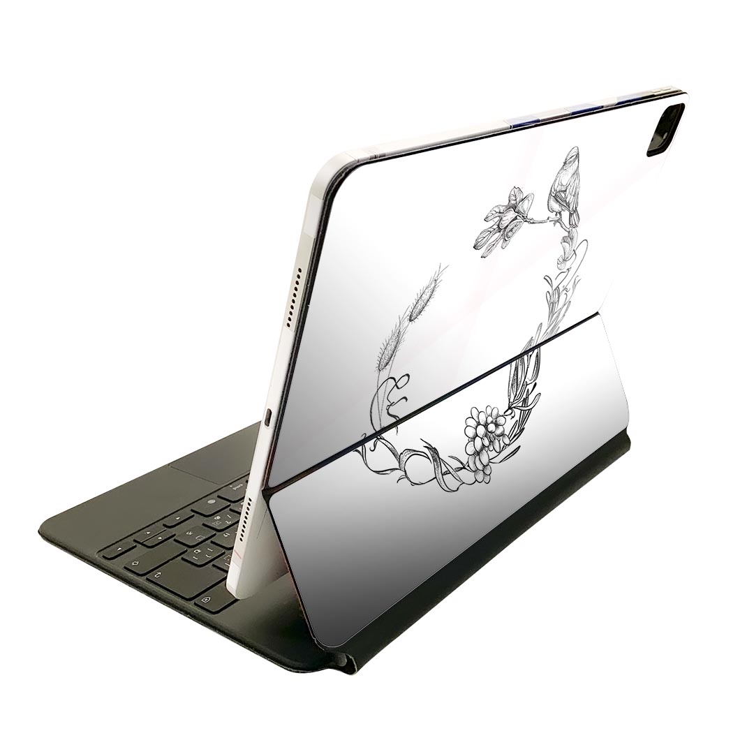 Magic Keyboard 12.9インチ iPad Pro（第4世代、第5世代、第6世代）対応 apple アップル アイパッド　全面スキンシール フル 前面　背面 保護シール 人気 019567 フォント flower モノクロ 花