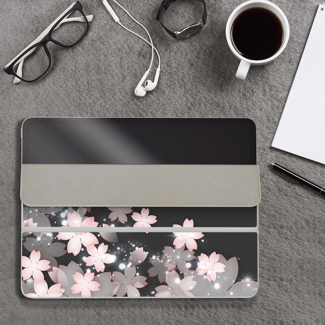 スマコレのiPad Smart Folio 用 12.9インチ iPad Pro（第4世代、第5世代、第6世代）対応 apple アップル アイパッド　全面スキンシール フル 前面　背面 保護シール 人気 000028 桜　絵　灰色｜アングル3