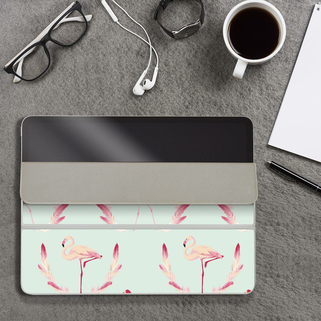 iPad Smart Folio 用 12.9インチ iPad Pro（第4世代、第5世代、第6世代）対応 apple アップル アイパッド　全面スキンシール フル 前面　背面 保護シール 人気 010947 フラミンゴ　羽根　ピンク