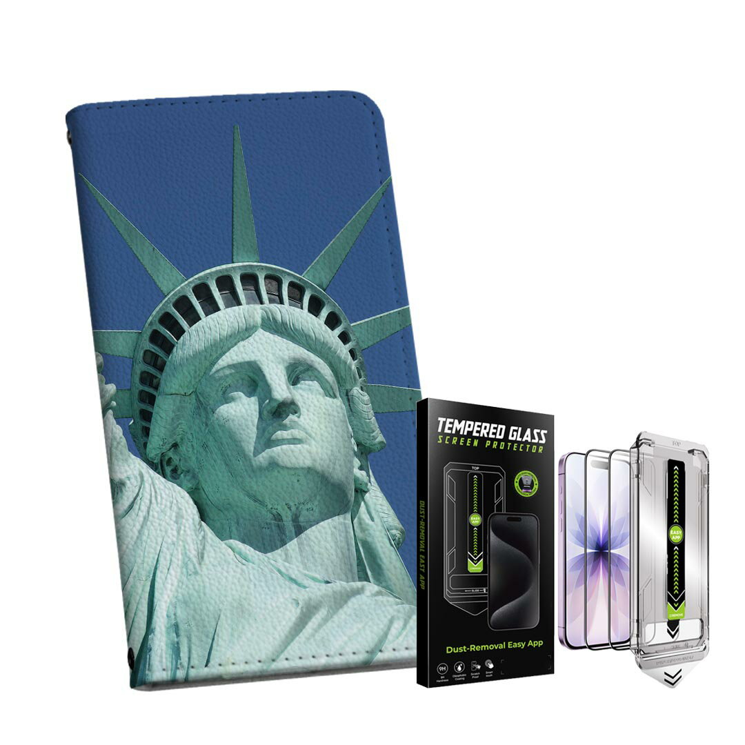 iPhone Air 用 手帳型ケース ガラスフィルム 2枚 セット 各キャリア 共通対応 手帳型ケース カバー マグネット式 ピタッと閉まる レザーケース カード収納 ポケット igcase 000162 自由の女神　アメリカ　銅像