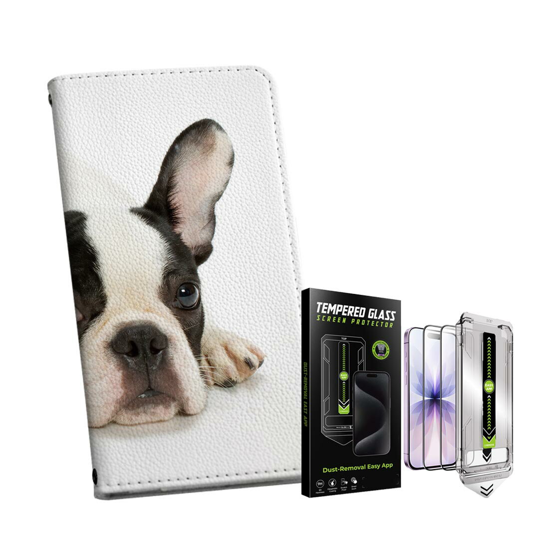 iPhone13pro 6.1インチ 専用 各キャリア iPhone13 Pro プロ 共通対応 手帳型ケース ガラスフィルム 2枚 セット 手帳型ケース カバー マグネット式 ピタッと閉まる レザーケース カード収納 ポケット igcase 000889 犬　フレンチブルドック