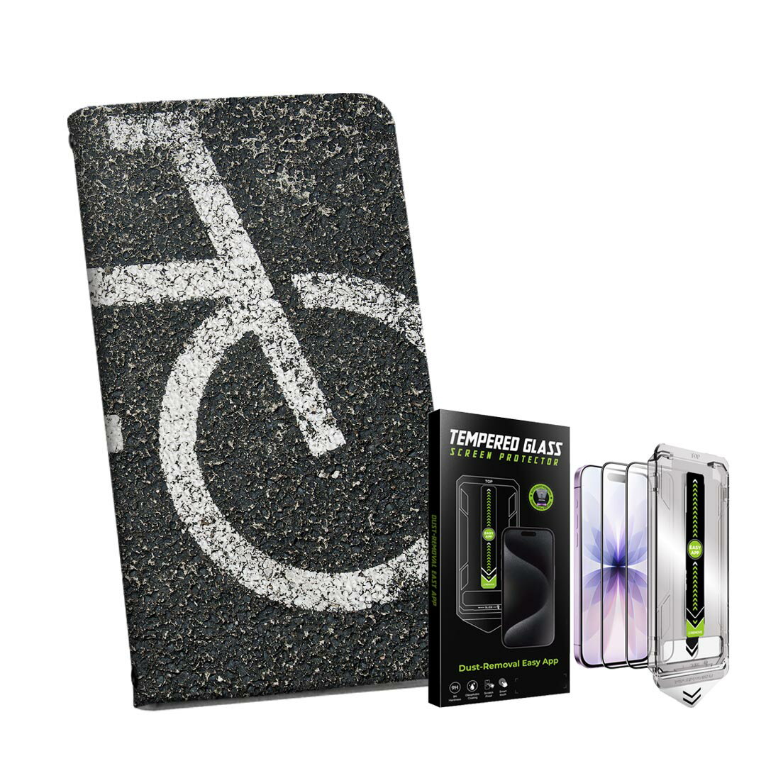 【セットでお得】iPhone 用 ガイド付きフィルム 選べるケース カバー 手帳型 ショルダー付き ハードケース フィルム2枚 ずれない ガイド枠 自動吸着 貼りやすい失敗しない きれい 001124 自転車　道路