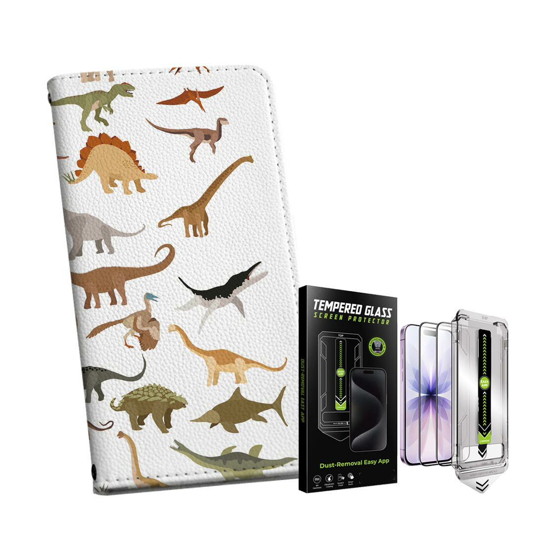 Mobile Phone Cases - iPhone13pro 6.1インチ 専用 各キャリア iPhone13 Pro プロ 共通対応 手帳型ケース ガラスフィルム 2枚 セット 手帳型ケース カバー マグネット式 ピタッと閉まる レザーケース カード収納 ポケット igcase 020031 恐竜 Dinosaurs