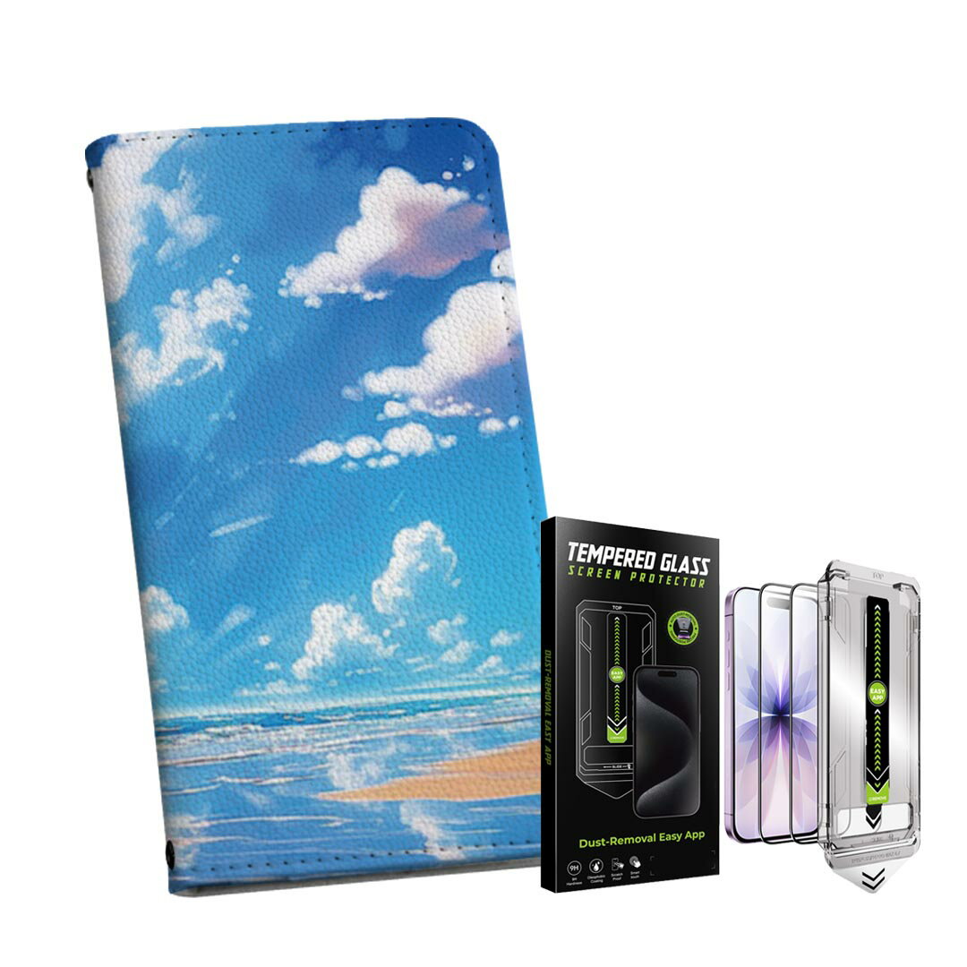 iPhone Air 用 手帳型ケース ガラスフィルム 2枚 セット 各キャリア 共通対応 手帳型ケース カバー マグネット式 ピタッと閉まる レザーケース カード収納 ポケット igcase 033704 空 海岸