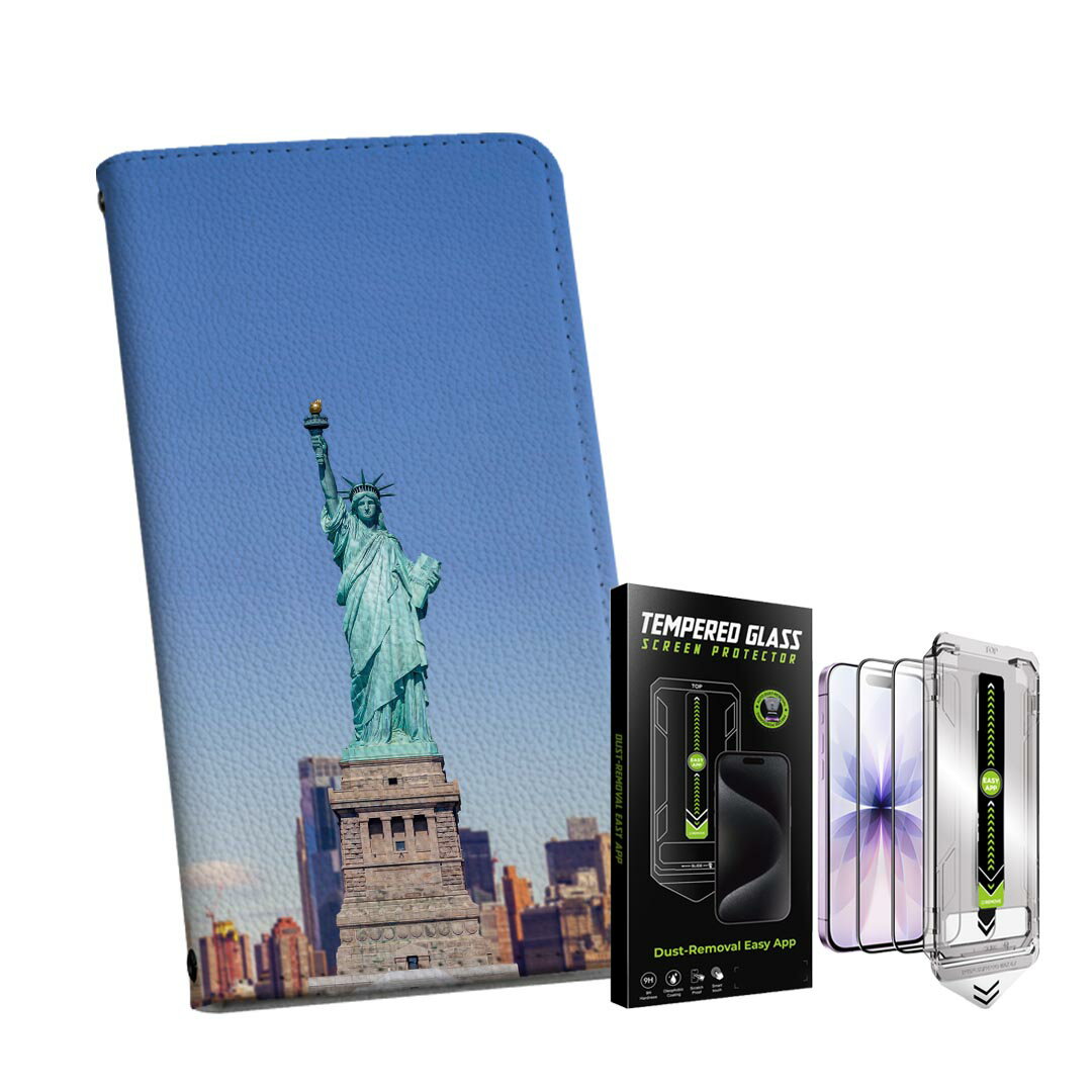 iPhone 17 用 手帳型ケース ガラスフィルム 2枚 セット 各キャリア 共通対応 手帳型ケース カバー マグネット式 ピタッと閉まる レザーケース カード収納 ポケット igcase 033833 自由の女神 アメリカ