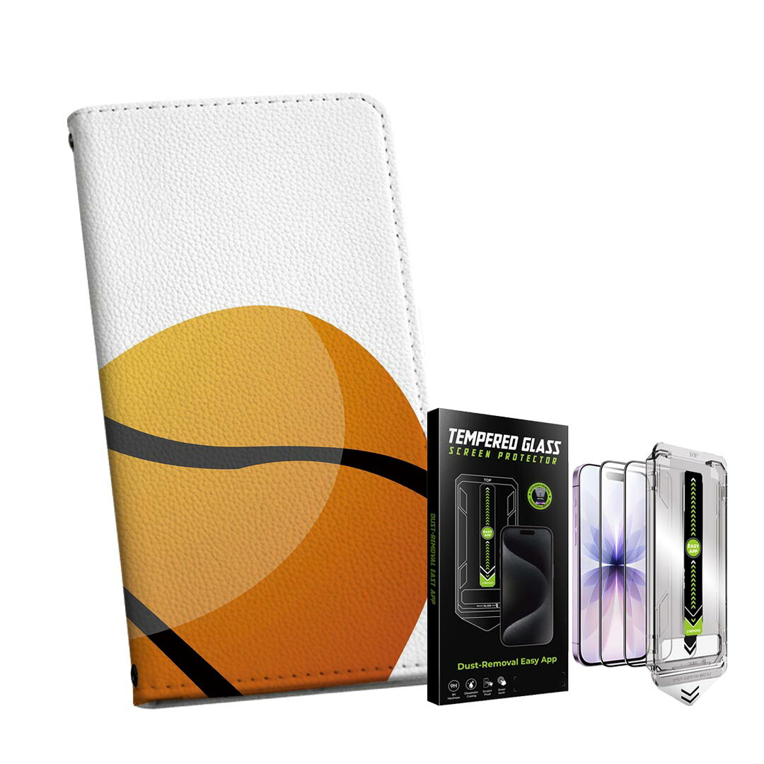 【セットでお得】iPhone 用 ガイド付きフィルム 選べるケース カバー 手帳型 ショルダー付き ハードケース フィルム2枚 ずれない ガイド枠 自動吸着 貼りやすい失敗しない きれい 004668 バスケ　イラスト　シンプル