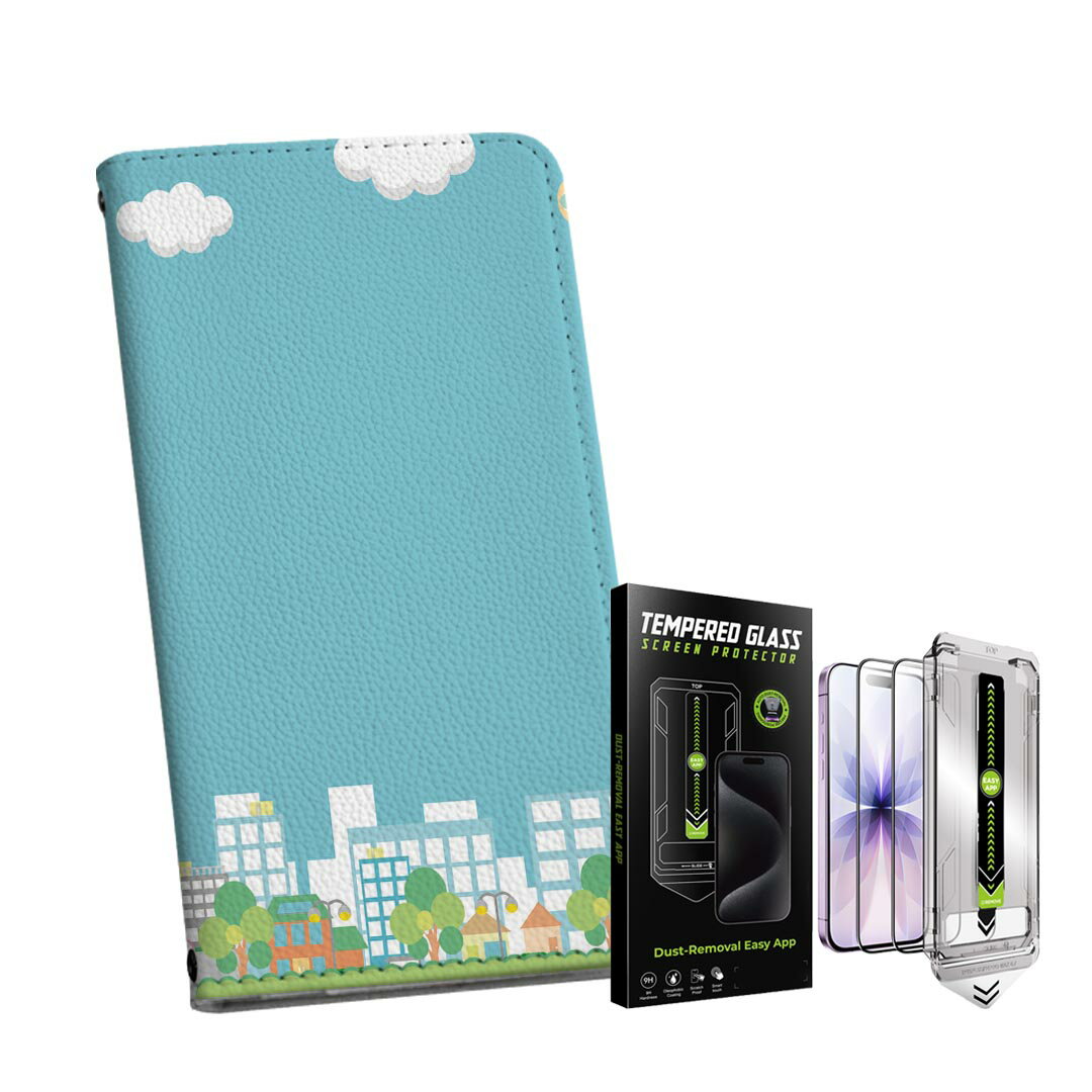 【セットでお得】iPhone 用 ガイド付きフィルム 選べるケース カバー 手帳型 ショルダー付き ハードケース フィルム2枚 ずれない ガイド枠 自動吸着 貼りやすい失敗しない きれい 006805 イラスト　街　建物