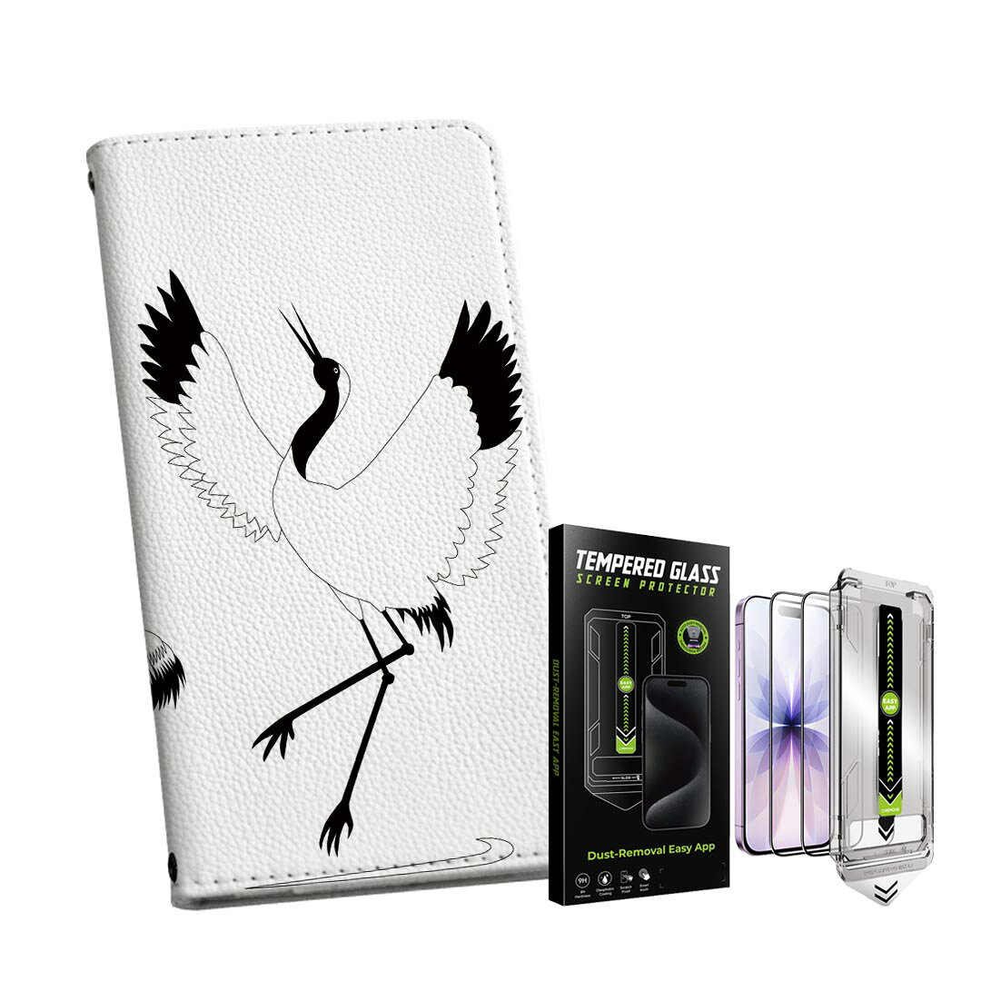 iPhone 16e 用 手帳型ケース ガラスフィルム 2枚 セット 各キャリア 共通対応 手帳型ケース カバー マグネット式 ピタッと閉まる レザーケース カード収納 ポケット igcase 009676 和風　和柄　鶴(2.0)