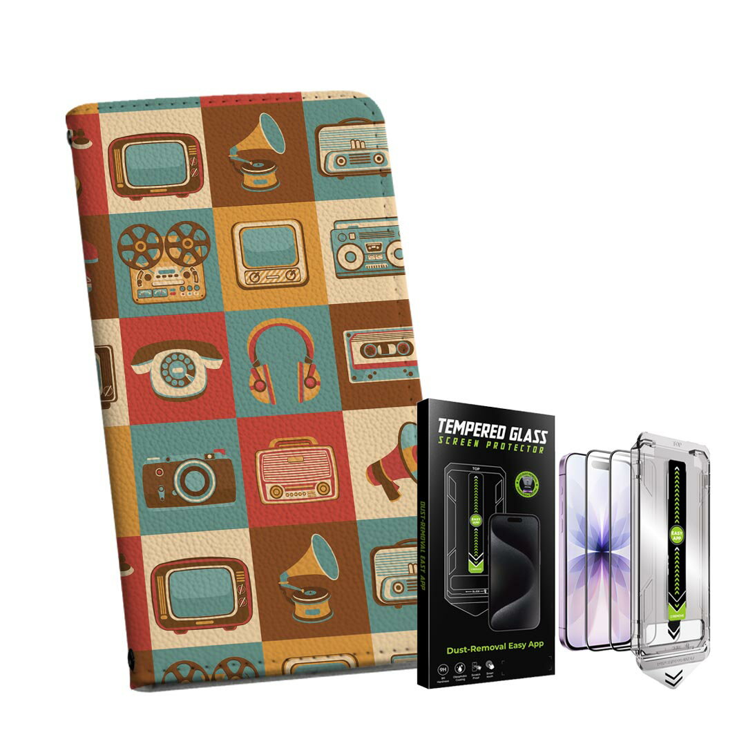 iPhone 16e 用 手帳型ケース ガラスフィルム 2枚 セット 各キャリア 共通対応 手帳型ケース カバー マグネット式 ピタッと閉まる レザーケース カード収納 ポケット igcase 010455 レトロ　テレビ　ラジオ(2.0)