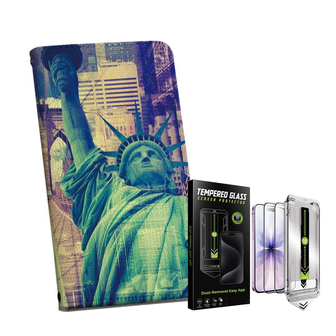 iPhone 16pro 用 6.3インチ 手帳型ケース ガラスフィルム 2枚 セット 各キャリア 共通対応 手帳型ケース カバー マグネット式 ピタッと閉まる レザーケース カード収納 ポケット igcase 010900 自由の女神　ニューヨーク　風景