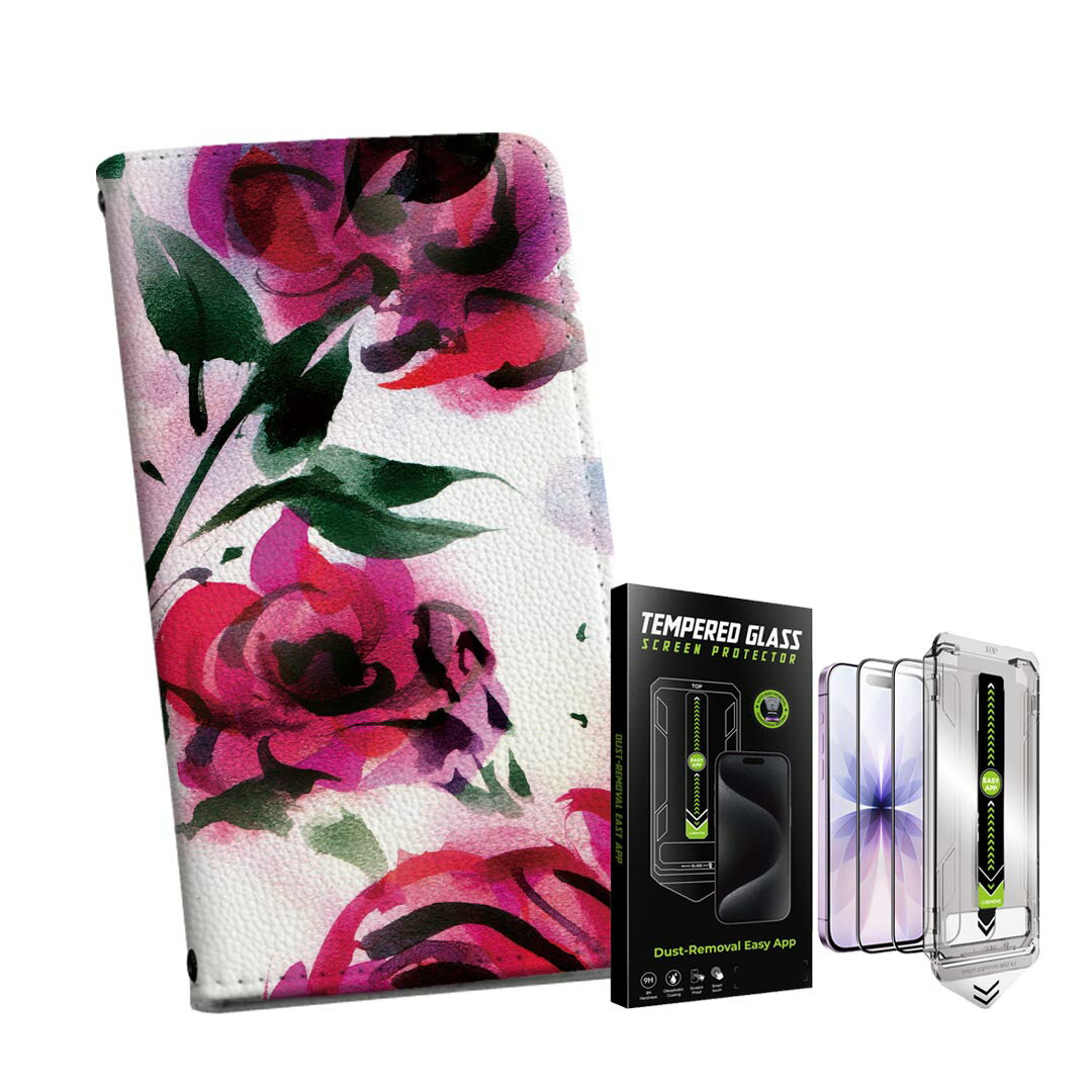 iPhone 16e 用 手帳型ケース ガラスフィルム 2枚 セット 各キャリア 共通対応 手帳型ケース カバー マグネット式 ピタッと閉まる レザーケース カード収納 ポケット igcase 011132 花　バラ　ピンク