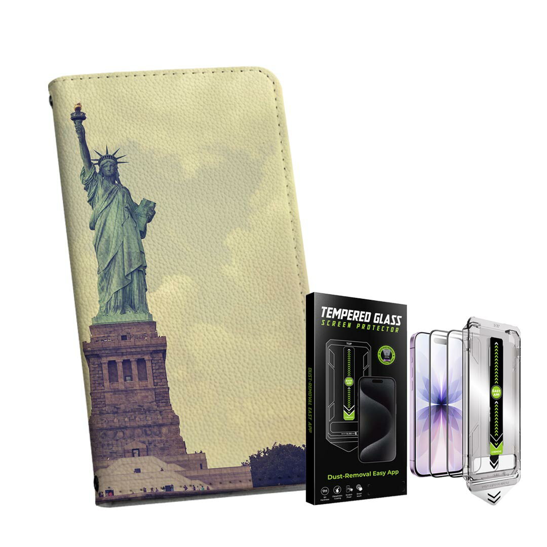 iPhone 13 6.1インチ 用 手帳型ケース ガラスフィルム 2枚 セット 各キャリア 共通対応 手帳型ケース カバー マグネット式 ピタッと閉まる レザーケース カード収納 ポケット igcase 011333 外国　ニューヨーク　自由の女神